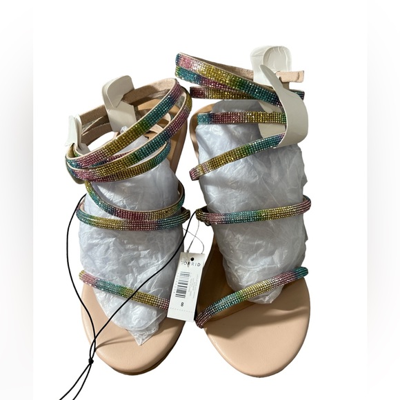 Torrid Lace Up Embroidered Heel Sandal rainbow sparkle rhinestone lace up - Picture 13 of 16